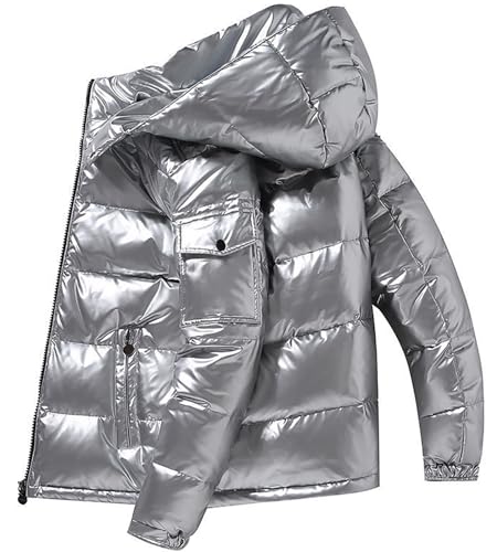 Herren schwere gesteppte glänzende Daunenjacken Performance Hooded Puffer Mäntel, silberfarben, S von Dixacyer
