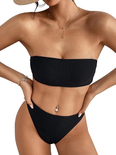 Dixperfect Damen-Bikini, Bandeau-Bikini, hohe Taille, sexy, hoher Schnitt, zweiteilig, Badebekleidung, Black Crinkle, Medium von Dixperfect