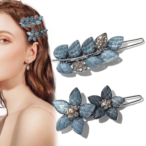 2 Stück Vintage-Haarspangen mit Strasssteinen, tintenblau, glitzernde Kristall-Clips, Blume, kleine Haarspangen, Metall-Haarspangen, Vintage-Braut-Haarspangen für Frauen und Mädchen, von Diyfixlcd