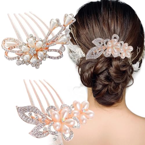 2 x Blumen-Haarkamm, Blumen-Haarkämme, Brautschmuck, Hochzeit, Haarnadel, Kristall-Strasssteine, Haarnadel, Damen, Haar-Seitenkämme, Haarschmuck für Frauen von Diyfixlcd