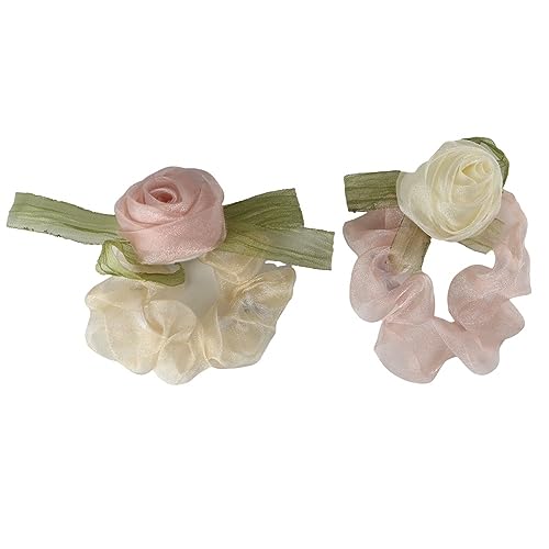 Haargummis mit Rosenblüten, niedlich, einfach, elastisch, Pferdeschwanz-Halter, süßes Blumenhaar-Accessoire für Damen und Mädchen, 2 Stück von Diyfixlcd