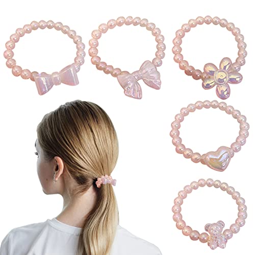 Perlen-Haargummis, 5-teiliges Set, elastischer Pferdeschwanzhalter, Perlen-Haar-Accessoires – rosa Haarbänder, für Damen und Mädchen von Diyfixlcd