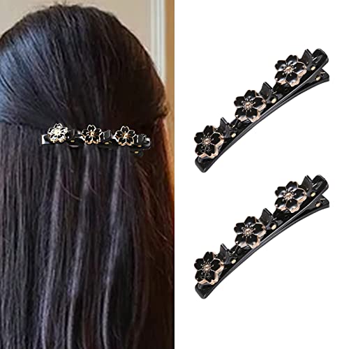 Schwarze doppelt geflochtene Haarspangen für Frauen, schwarze Haarspangen-Set, doppelt geflochtenes Design, rutschfeste Haarspangen – DIY-Styling, 2er-Pack Blumen-Haarnadel von diyfixlcd