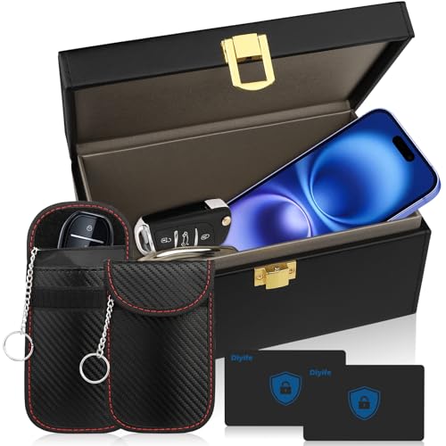Diyife Autoschlüssel Faraday Box mit 2 Bags 2 Kartes, NFC RFID Blocker, Anti-Tracking Keyless Go Schutz Signalblocker Box, Anti-Hacking Hülle Blocker für Kreditkarte und Auto,19x2x9 cm von Diyife