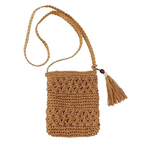 Diyxisk Strohtaschen Damen Retro Strandtasche Damen Stroh Strandtasche mit Quasten Flechttasche Boho Tasche Hohle Freizeit Umhängebeutel, für Damenreisen und Urlaub (Braun) von Diyxisk