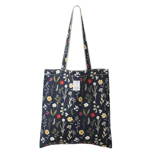 Dizdvizd Tote Bag, Canvas Shopper Tasche Floraler Druck Umhängetasche Handtasche Beuteltasche Stofftasche für Damen Mädchen, Arbeit Reisen Strand Dating Schule Alltag-Marine Blau von Dizdvizd