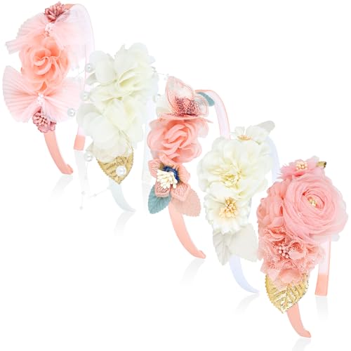 Dizila 5 x Kunststoff-Blumen-Haarbänder (Elfenbein + Rosa, Einheitsgröße) von Dizila