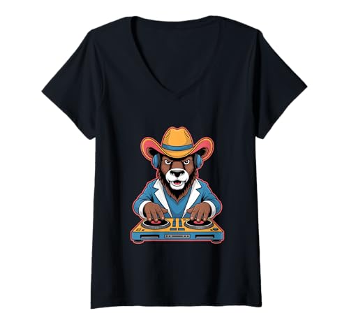 Damen Dj Cowboy Bär Musik Beats Party T-Shirt mit V-Ausschnitt von Dj Cowboy Bär Musik Enthusiasten Club