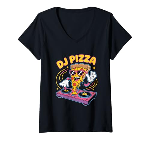 Damen Dj Pizza Musik Spaß Dj Food Party T-Shirt mit V-Ausschnitt von Dj Food Musik Party Spaß Dj Pizza
