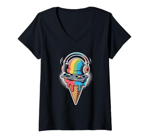 Damen Dj Musik Eiscreme Kopfhörer Turntable T-Shirt mit V-Ausschnitt von Dj Musik Kopfhörer Eiscreme Illustration