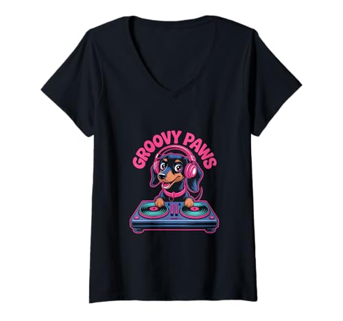 Damen Dj Tier Groovy Paws Lustiger Hund Musikparty T-Shirt mit V-Ausschnitt Damen Dj Tier Groovy Paws Lustiger Hund Musikparty T-Shirt mit V-Ausschnitt von Dj Tier Groovy Paws Lustiger Hund Mit Musik