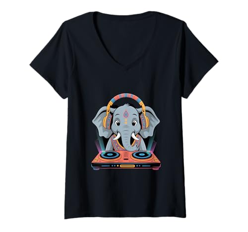 Damen Dj Tier Musik Elefant Kopfhörer Kunst T-Shirt mit V-Ausschnitt von Dj Tier Musik Elefant Kopfhörer Kunst