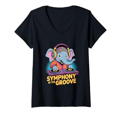Damen Symphony of The Groove Dj Tier Elefant T-Shirt mit V-Ausschnitt von Dj Tier Musik Groove Elefant Party