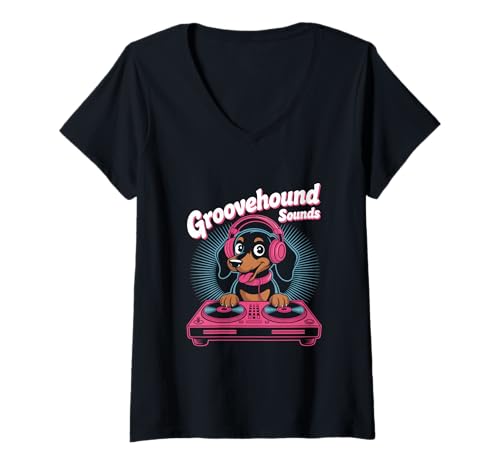 Damen Groovehound Sounds Dj Tier Klang Abenteuer T-Shirt mit V-Ausschnitt von Dj Tier Musik Hund Groovehound Klang
