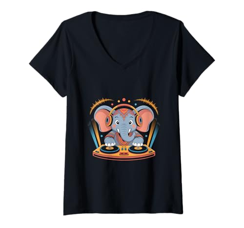 Damen Dj Animal Elefant Coole Musik Party Tier T-Shirt mit V-Ausschnitt von Dj Tier Musik Party Tier Dj Animal Elefant