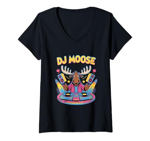 Damen Dj Elch Musik Party Spaß Dj Moose T-Shirt mit V-Ausschnitt Damen Dj Elch Musik Party Spaß Dj Moose T-Shirt mit V-Ausschnitt von Dj Tier Musik Party Tier Moose Spaß