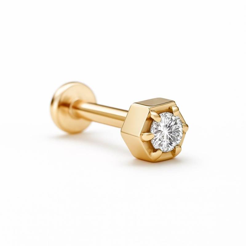 Diamant Sechseck Labret Ohrstecker 14K, 3 Mm Knorpel, 18G Ohrstecker, Helix Tragus 14K Massivgold, Innengewinde von DjaziaJewelry