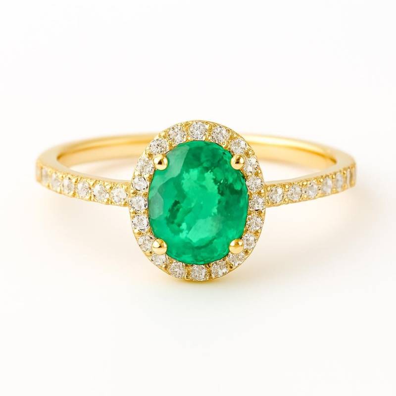 Ovaler Halo Smaragd Diamant Ring Gold 750, Edler Gelbgold Grüner Ring, Damen Verlobungsring von DjaziaJewelry