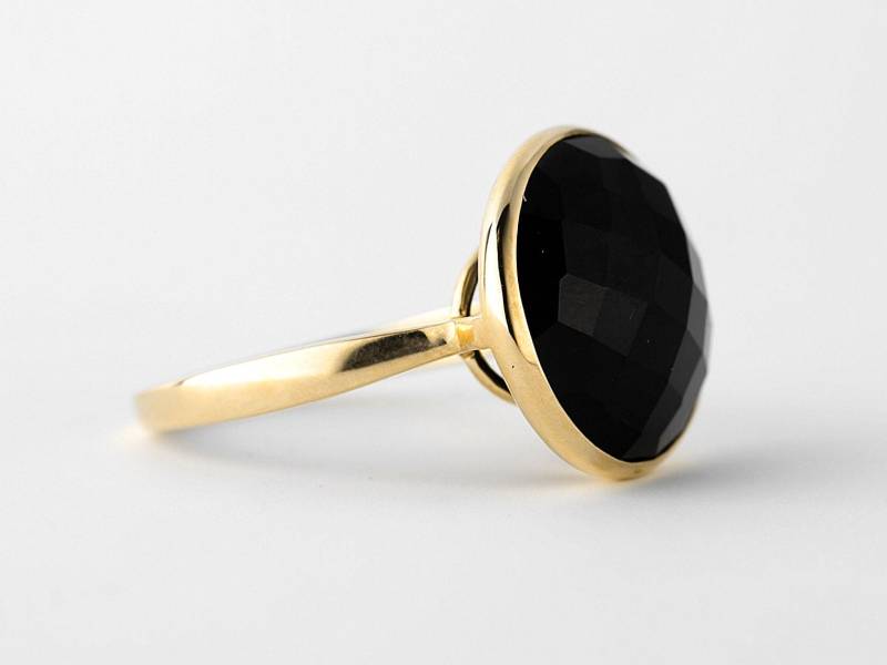 Schwarzer Onyx Runder Solitär Ring Gold 10K, Gelbgold Edelstein Ring, Großer von DjaziaJewelry