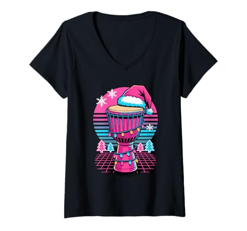 Damen Weihnachten Synthwave Djembe Trommel T-Shirt mit V-Ausschnitt Damen Weihnachten Synthwave Djembe Trommel T-Shirt mit V-Ausschnitt von Djembe Instrument Gift For A Djembe Player