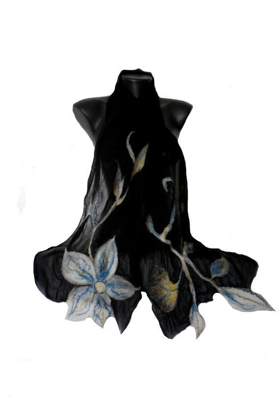 Black & White Scarf, Lightweight Felted Shawl, Long Silk Wrap, Nuno Felt Soft Floral Merino Wraps, Flowers von DjenkaScarves