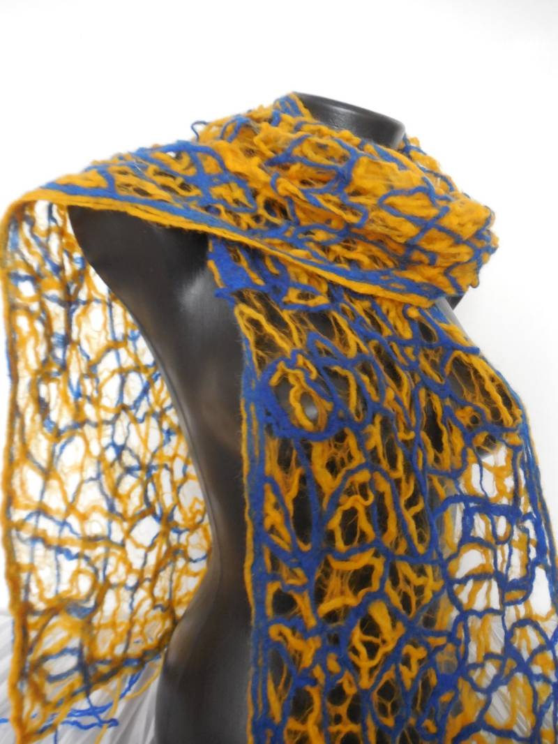 Blue Yellow Felted Shawl, Lightweight & Soft Felt Scarfs, Felting Wrap, Cobweb Scarf, Long Ladies Woolen Scarf von DjenkaScarves