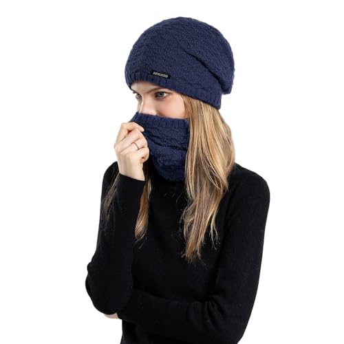 Djfkey Wintermütze Strickmütze mit scarf Damen Herren Warme Mütze Beanie Herbst Winter Schal und Mütze Set 54-60CM Damenmützen (Standard, dunkelblau) von Djfkey