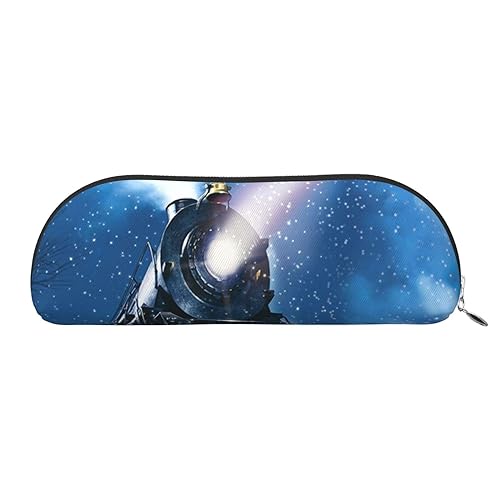 Djnni Northern Lights Federmäppchen mit Reißverschluss, Leder-Federmäppchen, Kosmetiktasche, Schreibwarentasche, langlebig, großes Fassungsvermögen, Winter Weihnachten Schnee Nacht Eisenbahn Zug, von Djnni