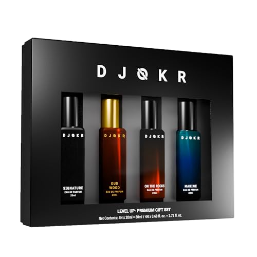 DJOKR Perfume For Men Gift Set Pack of 4x20 ML | Eau De Parfum | Premium Luxury Long Lasting Fragrance Spray | Signature, Wicked, Oud Wood, Marine (4x20 ml) von Djokr