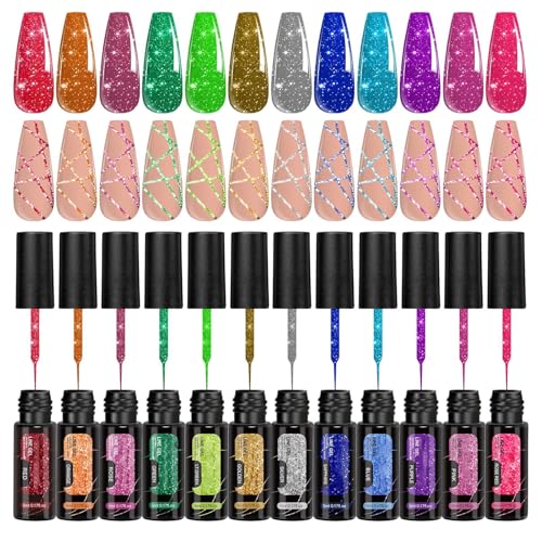 Djowyh Glitzer-Gel Nagellack | 12 Farben Nageldesign Lack | Reflektierendes Maniküre Set Für Damen Salon Zuhause Party Sommerurlaub von Djowyh