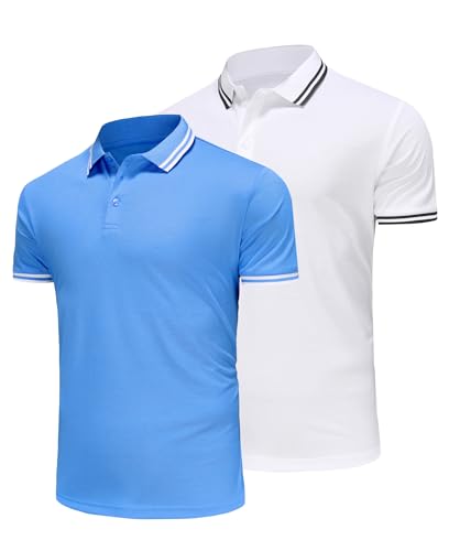 Djtnzdm Herren Poloshirt Kurzarm Atmungsaktiv Sommer Tennis Poloshirt Männer Basic Arbeit Designer Baumwolle Piqué Polohemd XXL 2er Pack Weiss/Blau von Djtnzdm