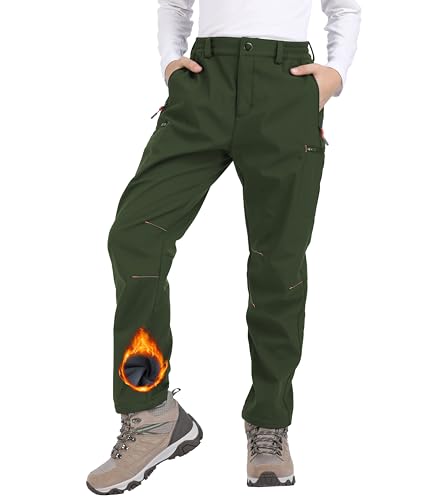 Djtnzdm Skihose Kinder Winter Thermohose Jungen Gefütterte Softshellhose Kinder Mädchen Trekkinghose Winddicht Schneehose Jungen Warm Thermohose Jungen wasserdichte Wanderhose Grün 146-152 von Djtnzdm