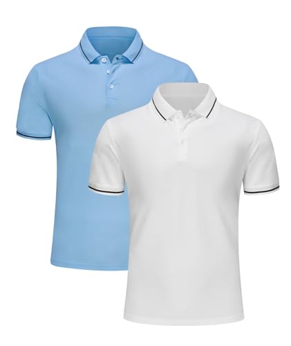 Djtnzdm Poloshirt Herren Regular Fit Kurzarm Atmungsaktiv Einfarbig Basic Polohemd Freizeit Sommer Funktions Polo Tops M 2 er Pack Set Weiß Blau von Djtnzdm