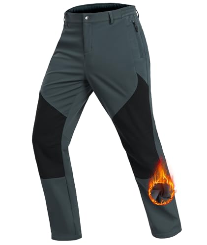 Djtnzdm Winterhose Herren Gefüttert Softshellhose Winter Thermohose Wasserdicht Trekkinghose Outdoor Arbeitshose Warm Fleece Skihose mit Tasche L Grau von Djtnzdm