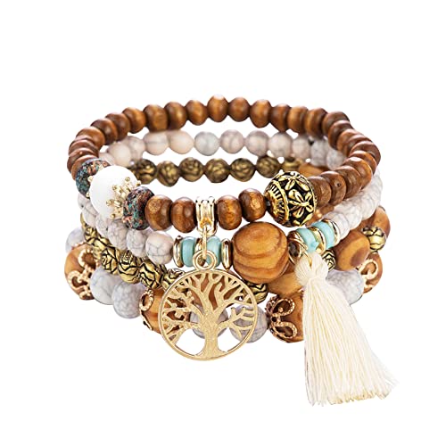 DkakoJew 4 Stück Armbänder Holzperlen Quaste Armband, Frauen Baum des Lebens Charm Statement Armreifen, Kristall Perle,Chakra Armband für Frauen. von DkakoJew