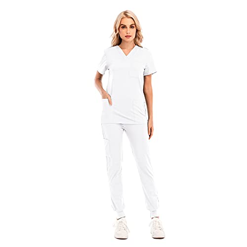Dkings Damen Pflegebekleidung Set - Uniform mit Oberteil und Hose, Kurzarm V-Ausschnitt Kasacks Tasche Schlupfhose mit Kordelzug (Weiß, S) von Dkings