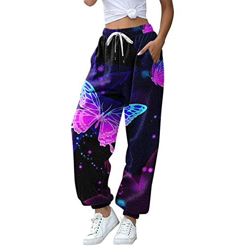 Dkings Jogginghose Damen Sporthose Lang Yoga Hose Freizeithose mit Schmetterling Motiv Kordelzug Laufhosen High Waist Trainingshose Sweathose für Frauen (L, Lila-2) von Dkings