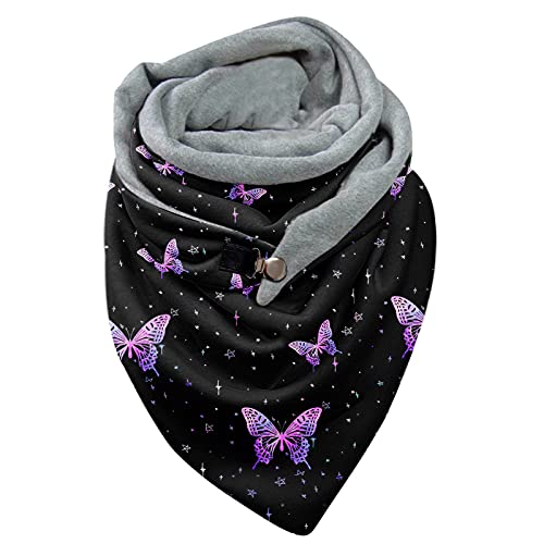 Dkings Schal Damen Dreieckschal mit Schmetterling Motiv Warm Weich Herbstschal Winterschal mit Knopf Baumwolle Dreieckstuch Halstuch, Einheitsgröße (Schwarz-1) von Dkings