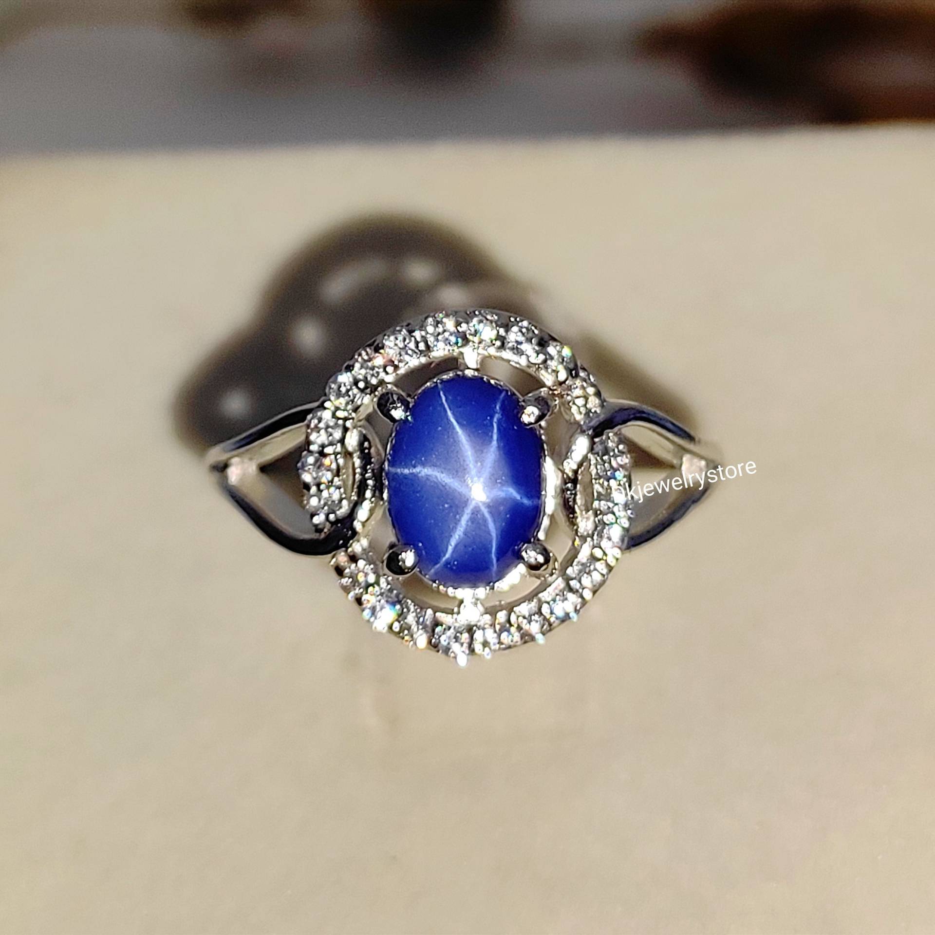 Blauer Stern Saphir Ring, Deko Diamant Saphir, 925 Sterling Silber, Lab Muttertag Geschenk Blauer Stern Saphir Ring, Deko Diamant Saphir, 925 Sterling Silber, Lab Muttertag Geschenk von Dkjewelrystore