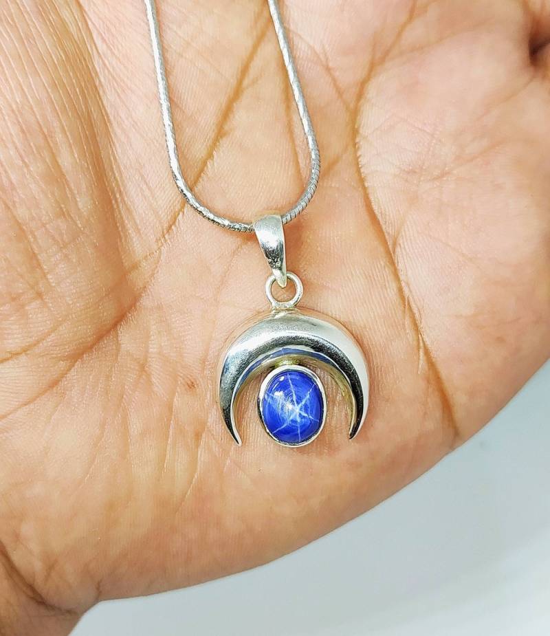 Sternsaphir Anhänger, Halbmond Lindy Sternsaphir, Kette, Mond Stern Saphir, 925Sterling Silber von Dkjewelrystore