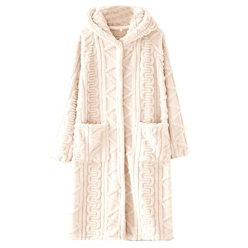 Dmmtot Fannel Pjs Robe Damen-Fleece-Bademantel mit Kapuze, flauschiger Plüsch-Bademantel, einfarbig, luxuriöse Knöpfe vorne, Zopfstrick, langärmelig, Bademantel, Schlafanzug, Nachtwäsche, Größe, von Dmmtot