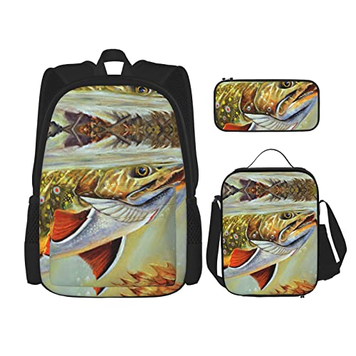 Dmorj Brook Trout Fliegenfischen Prints Tasche Schultertasche Crossbody Lunchtasche Bleistift Bag Set :: Robust und tragbar, bequeme und schöne Studentenprodukte, Schwarz, Einheitsgröße von Dmorj