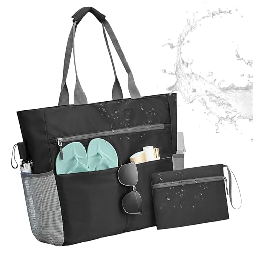 Dmuzsoih Strandtasche Für Damen - Schwimmbad Strandtasche Mit Münzgeldbeutel,Falttasche Aus Wasserdichtem Material Mit Reißverschluss Für Pendeln Arbeit Camping Reisen Wanderung Picknick von Dmuzsoih