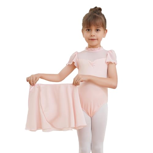 Dmwhsy 2 Stück Ballett Kleid für Mädchen Kurze Ärmel Gymnastik Kostüm mit Chiffon Tanz Wrap Rock Kinder Tanzbekleidung Set von Dmwhsy
