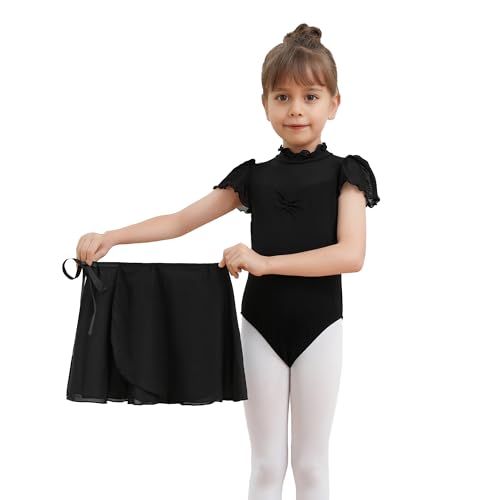 Dmwhsy 2 Stück Ballett Kleid für Mädchen Kurze Ärmel Gymnastik Kostüm mit Chiffon Tanz Wrap Rock Kinder Tanzbekleidung Set von Dmwhsy