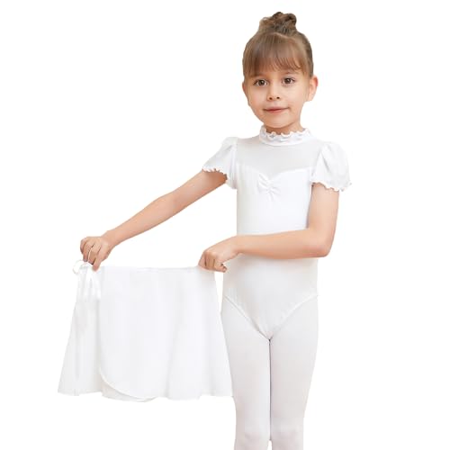 Dmwhsy 2 Stück Ballett Kleid für Mädchen Kurze Ärmel Gymnastik Kostüm mit Chiffon Tanz Wrap Rock Kinder Tanzbekleidung Set von Dmwhsy