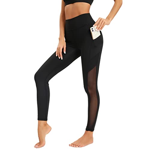 Dmwhsy Damen Mesh-Workout-Leggings mit Seitentaschen, Bauchkontrolle, Workout-Lauf-Leggings, hohe Taille, Yoga-Hose von Dmwhsy