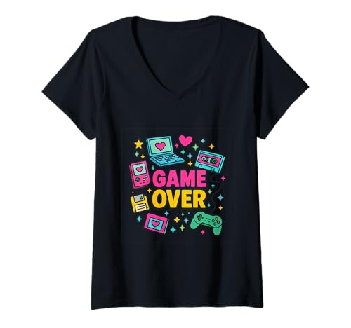 Damen Retro Game Over Design - 90s Gaming Pixel Vintage Gamer T-Shirt mit V-Ausschnitt von DnD Design, 462 Branding