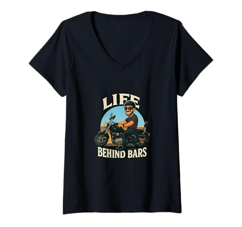 Damen Life Behind Bars Lustiger Motorradfahrer Biker Cartoon T-Shirt mit V-Ausschnitt Damen Life Behind Bars Lustiger Motorradfahrer Biker Cartoon T-Shirt mit V-Ausschnitt von DnD Design