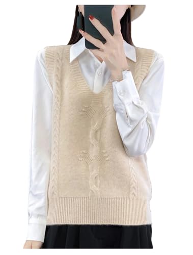 Damen Ärmellose Wollweste Casual V-Ausschnitt Weste Bedruckte Strickweste, Reis Apricot, XX-Large von Dndrdhfb